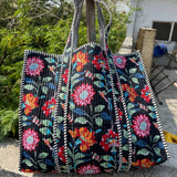 Navy Floral Print Cotton Tote Bag