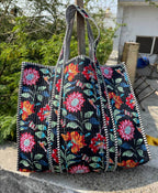 Navy Floral Print Cotton Tote Bag