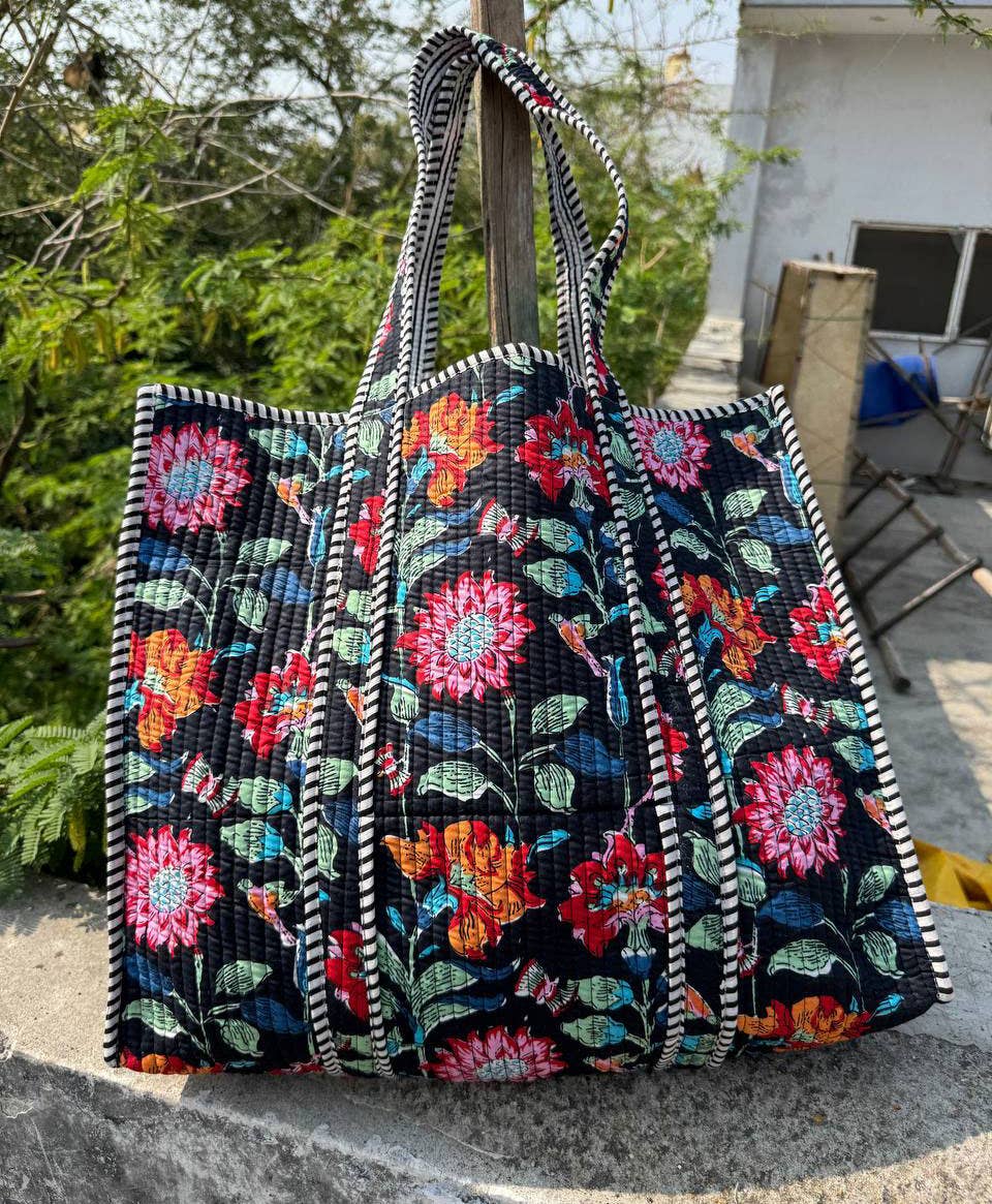 Navy Floral Print Cotton Tote Bag