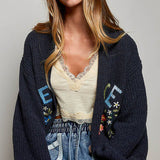 Multicolor Floral Embroidery PEACE Letter Knit Cardigan