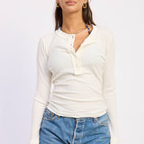 TEXTURED RAW EDGE HENLEY TOP
