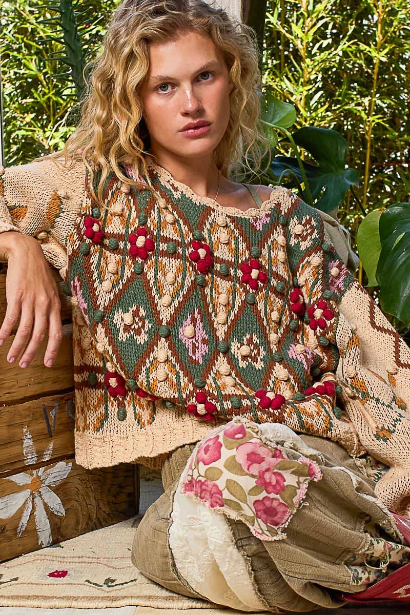 Aztec Pattern Floral Detail Sweater