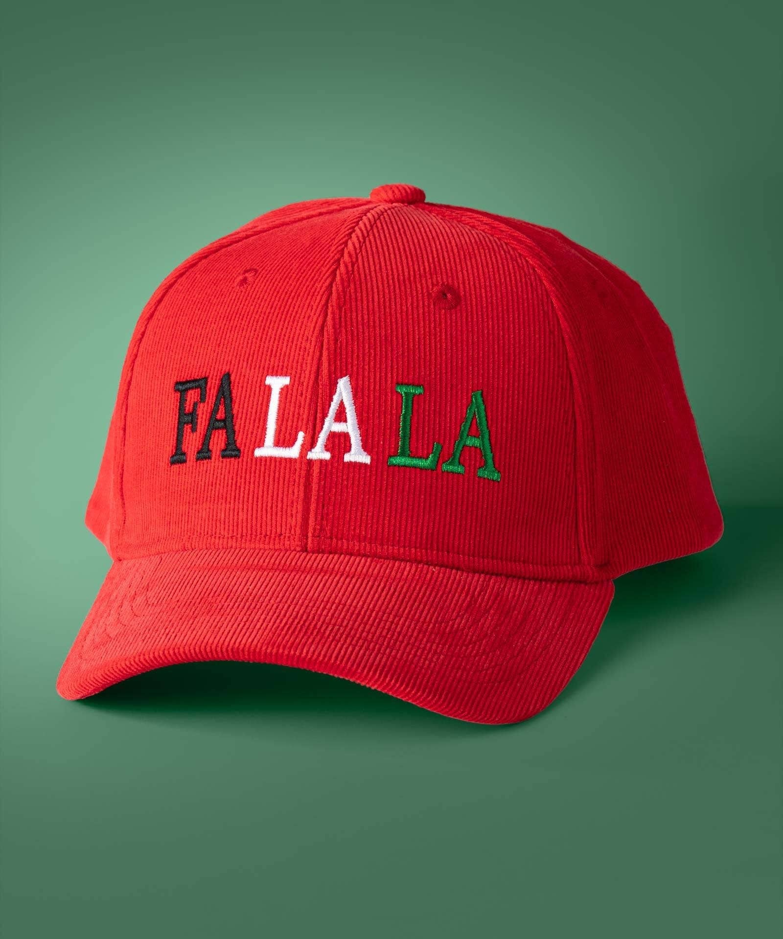 Multicolor Embroidered "Fa La La" Corduroy Hat