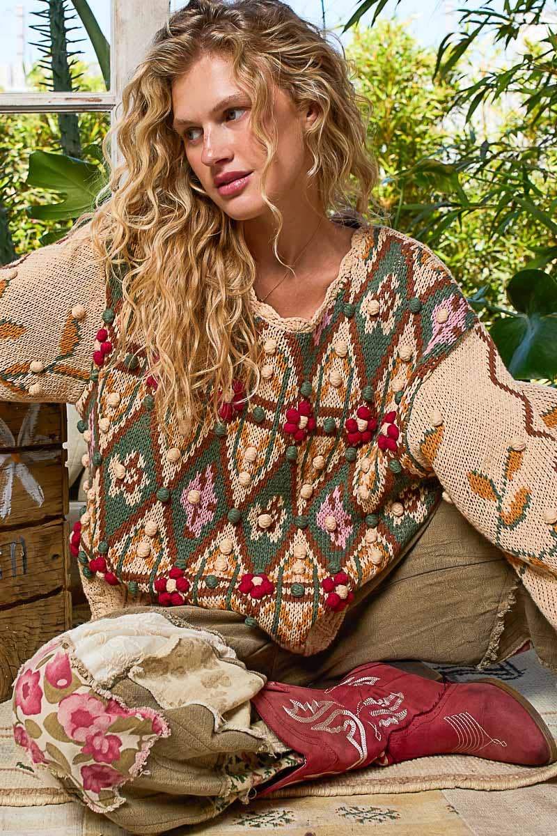 Aztec Pattern Floral Detail Sweater