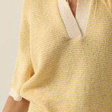 Striped Rib-Knit Collared Split-Neck Top
