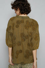 Floral Embroidered Short Sleeve Button Down Top