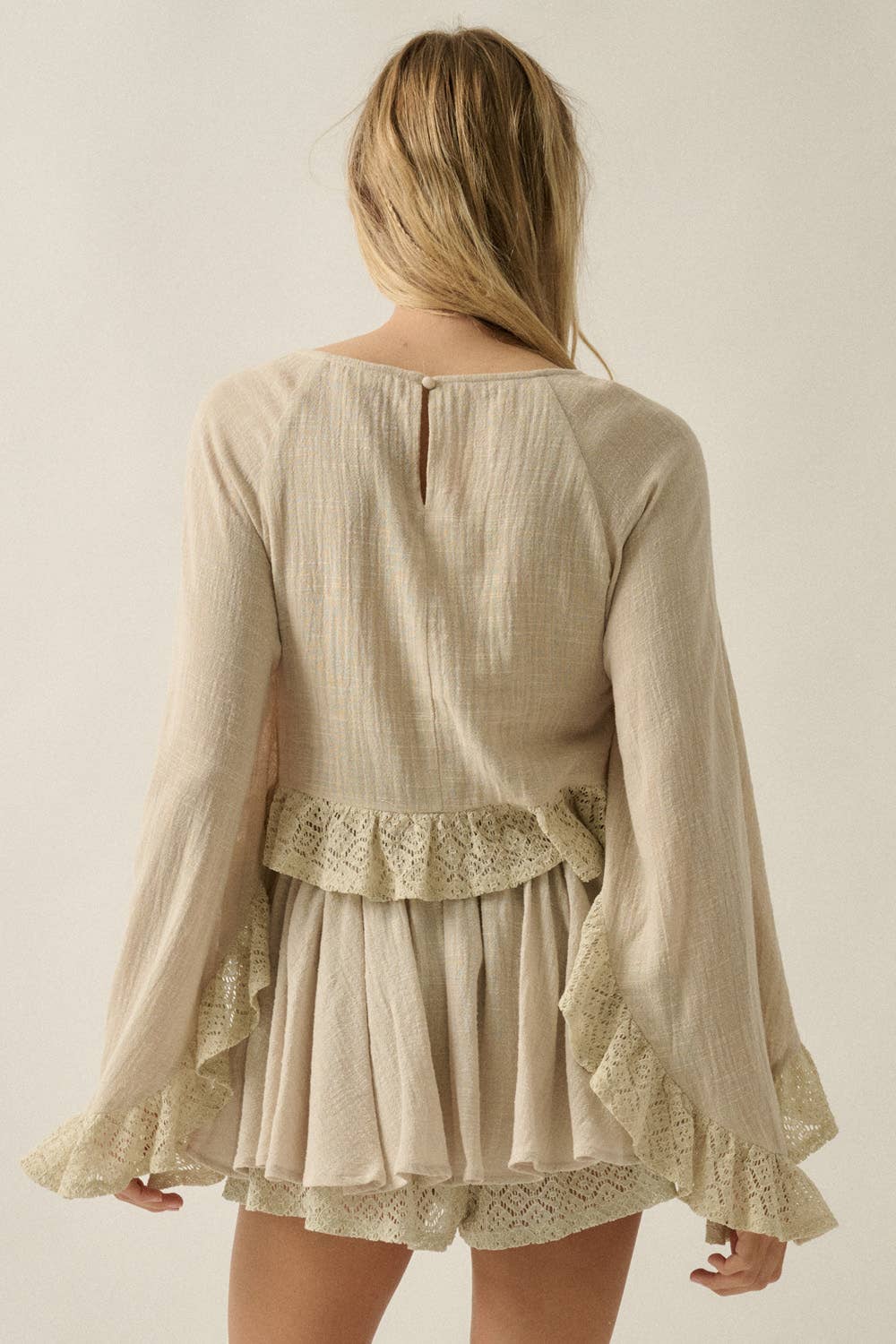 Cotton Gauze and Crochet Lace Ruffle Bell-Sleeve Cropped Top