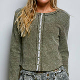 Vintage Washing Solid Metal Button Down Thermal Knit Top