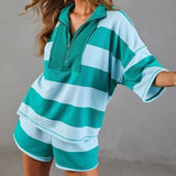 Colorblock Striped Half Zipper Top Shorts Athleisure Set