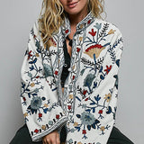 Embroidered Band Collar Knotted Button Woven Jacket