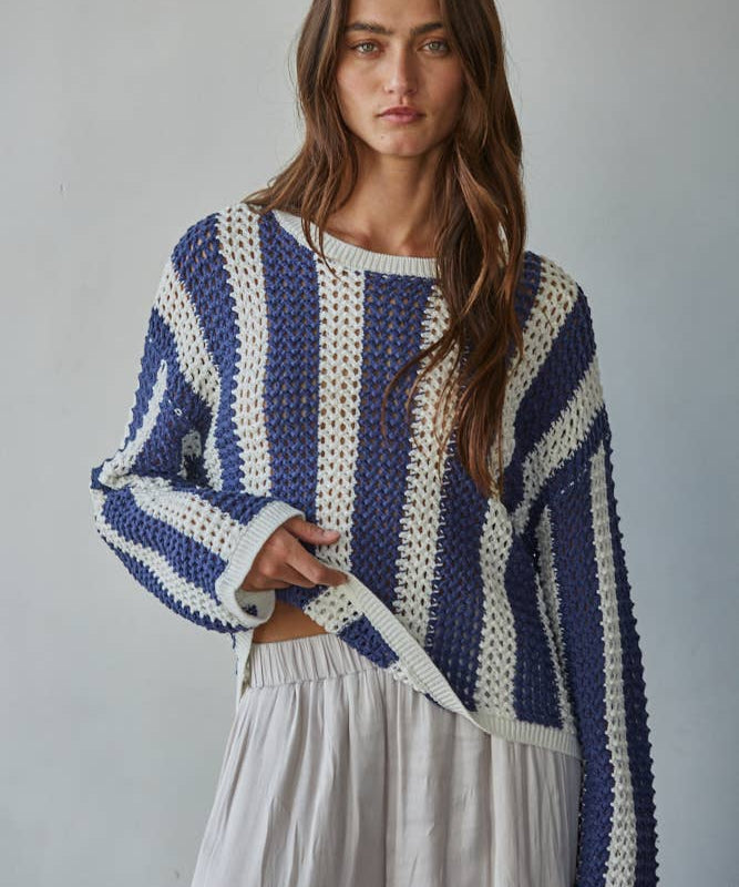 W2481 | Knit Sweater Cotton Acrylic Crochet Striped Top
