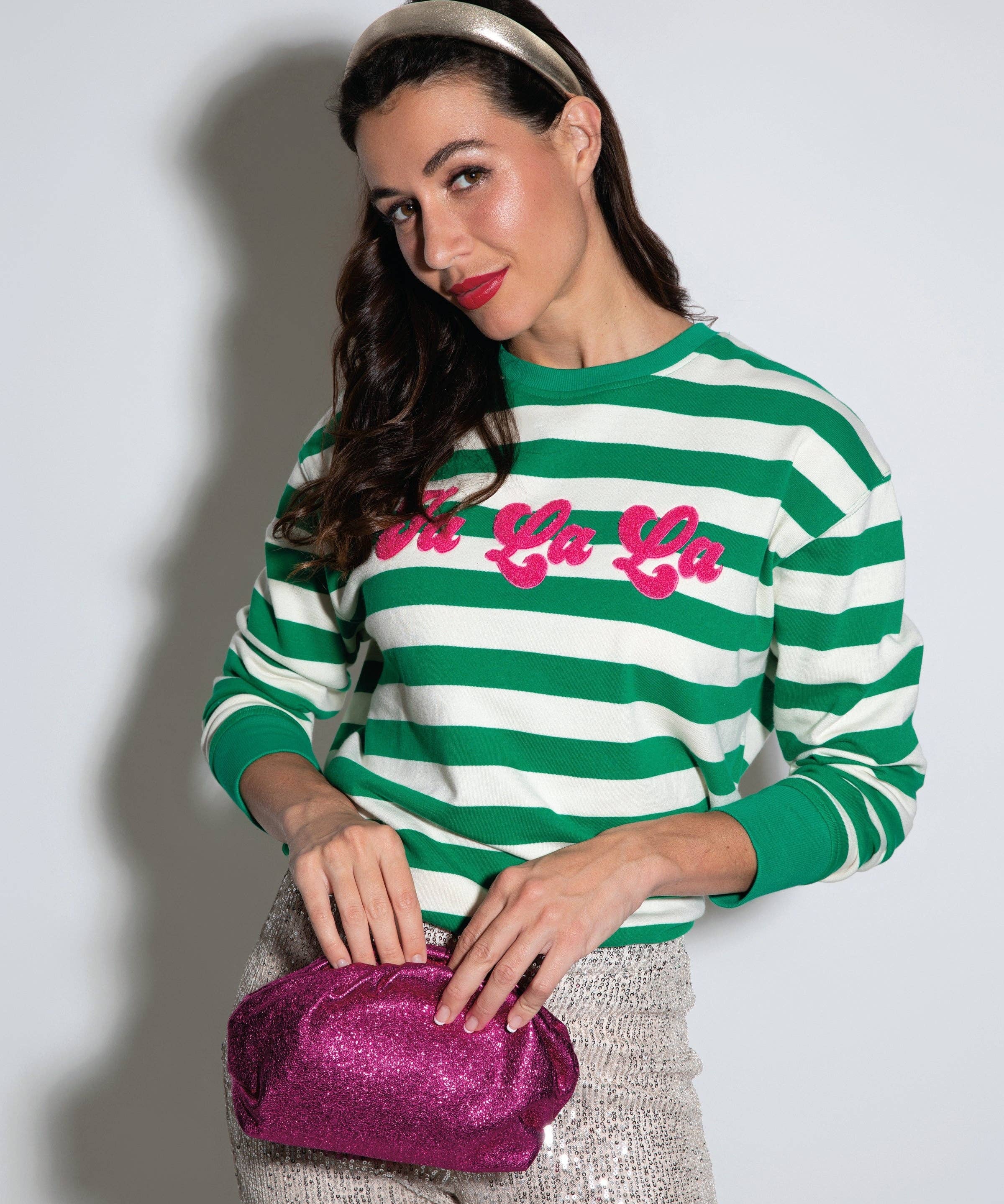 "FA LA LA" STRIPE SWEATSHIRT, GREEN