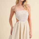 ID10176 SCALLOP APLIQUE CRISS CROSS BACK FLARE MINI DRESS