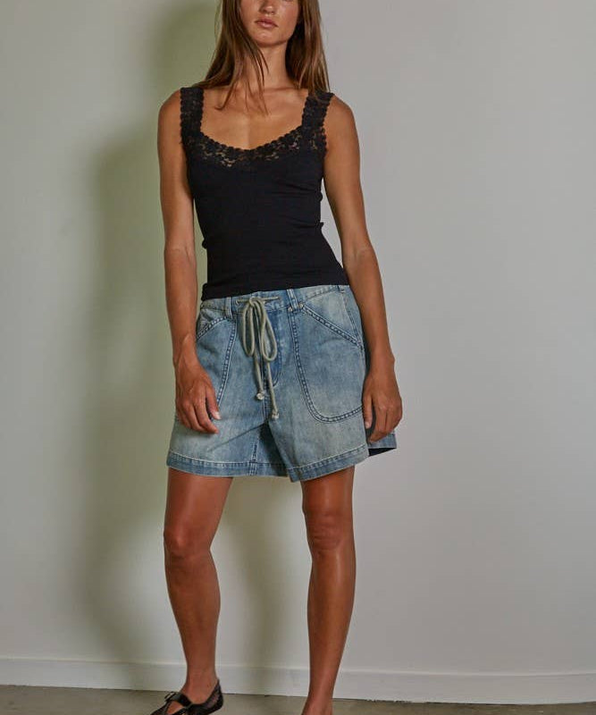 S1217N | Knit Seamless Ribbed Tank Top with Lace Trim
