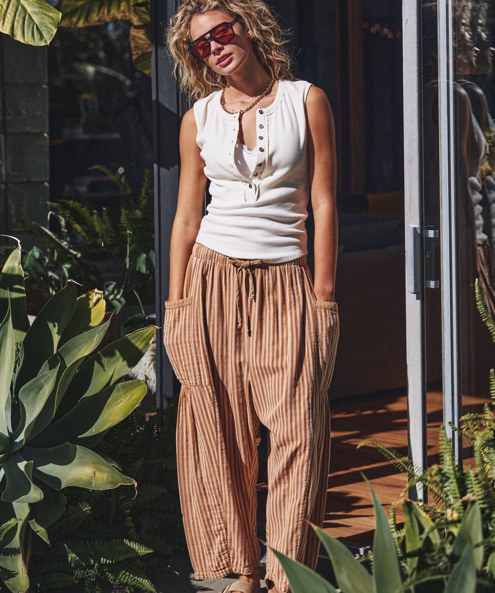 Striped Cotton Drawstring Harem Pants