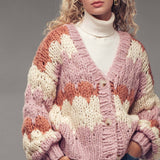 Chevron Chunky Knit Cardigan – Balloon Sleeves, Cropped Fit