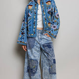 Embroidered Stand Collar & Contrast Trim Velvet Jacket