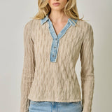 61698 Denim Mix Textured Knit Henley Top