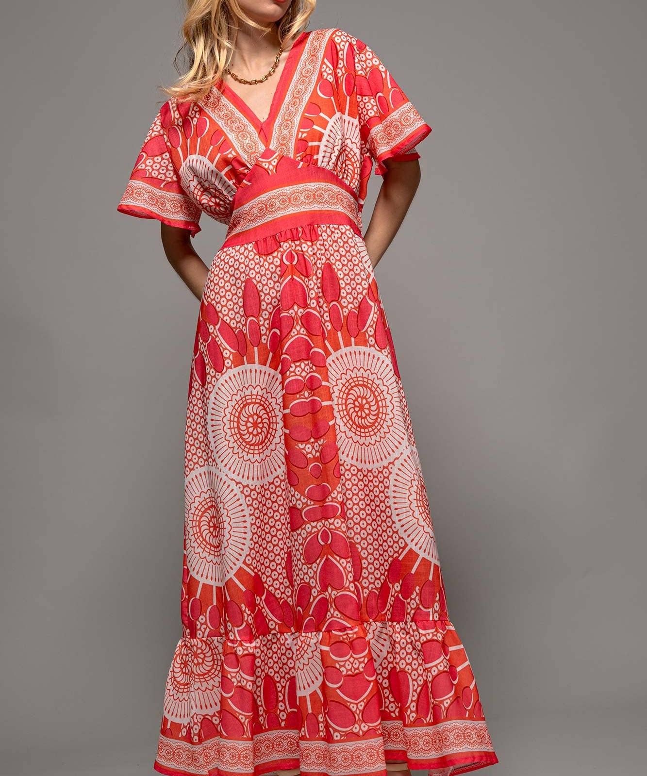 Sunburst Medallion Print Empire Waist Flutter Dress