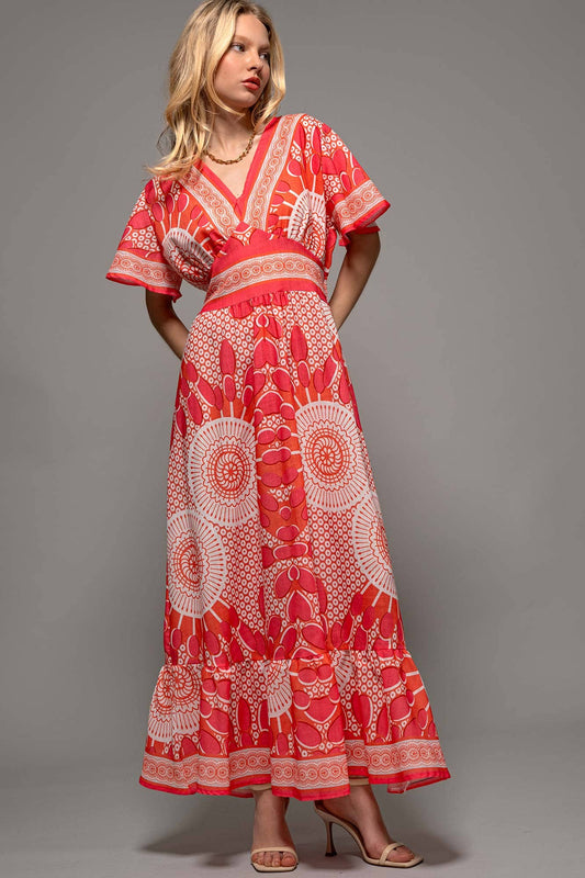 Sunburst Medallion Print Empire Waist Flutter Dress