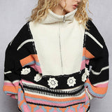 High Collar Half Zipper Ethnic Color Block Pullover Sweater