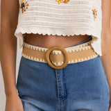 Whipstitch Raffia Belt with Wooden Round Buckle