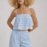 GINGHAM CHECK CROPPED CAMI TOP AND WIDE LEG PANTS SUMMER SET
