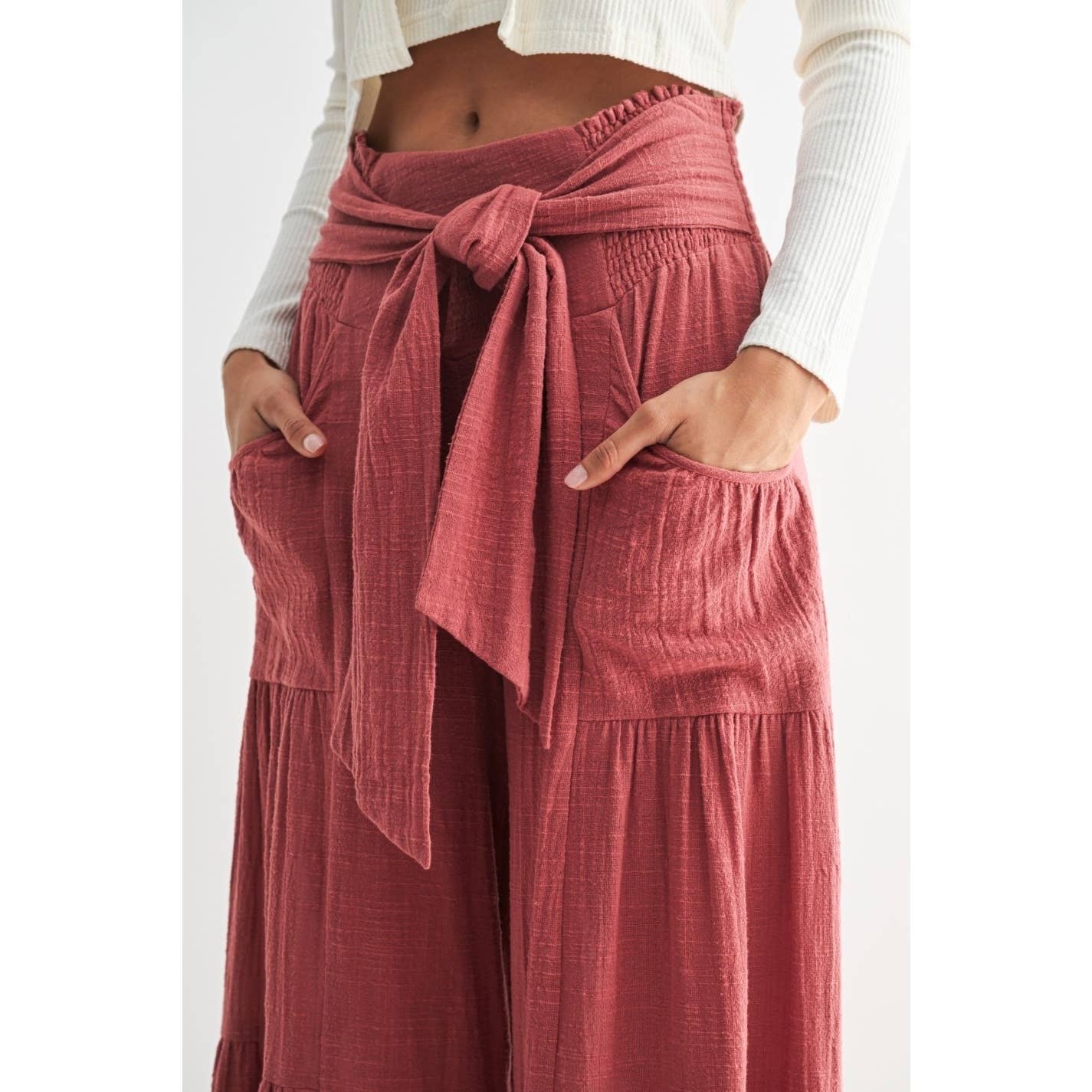 English Red Tiered Wide Leg Pants