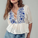 Blue & White Tassel Ruffled Blouse
