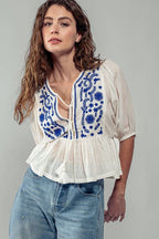 Blue & White Tassel Ruffled Blouse