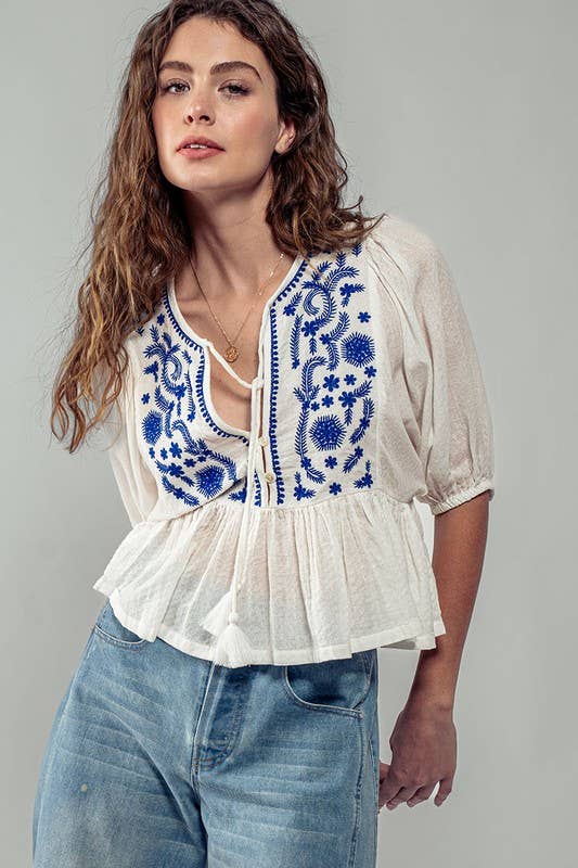 Blue & White Tassel Ruffled Blouse
