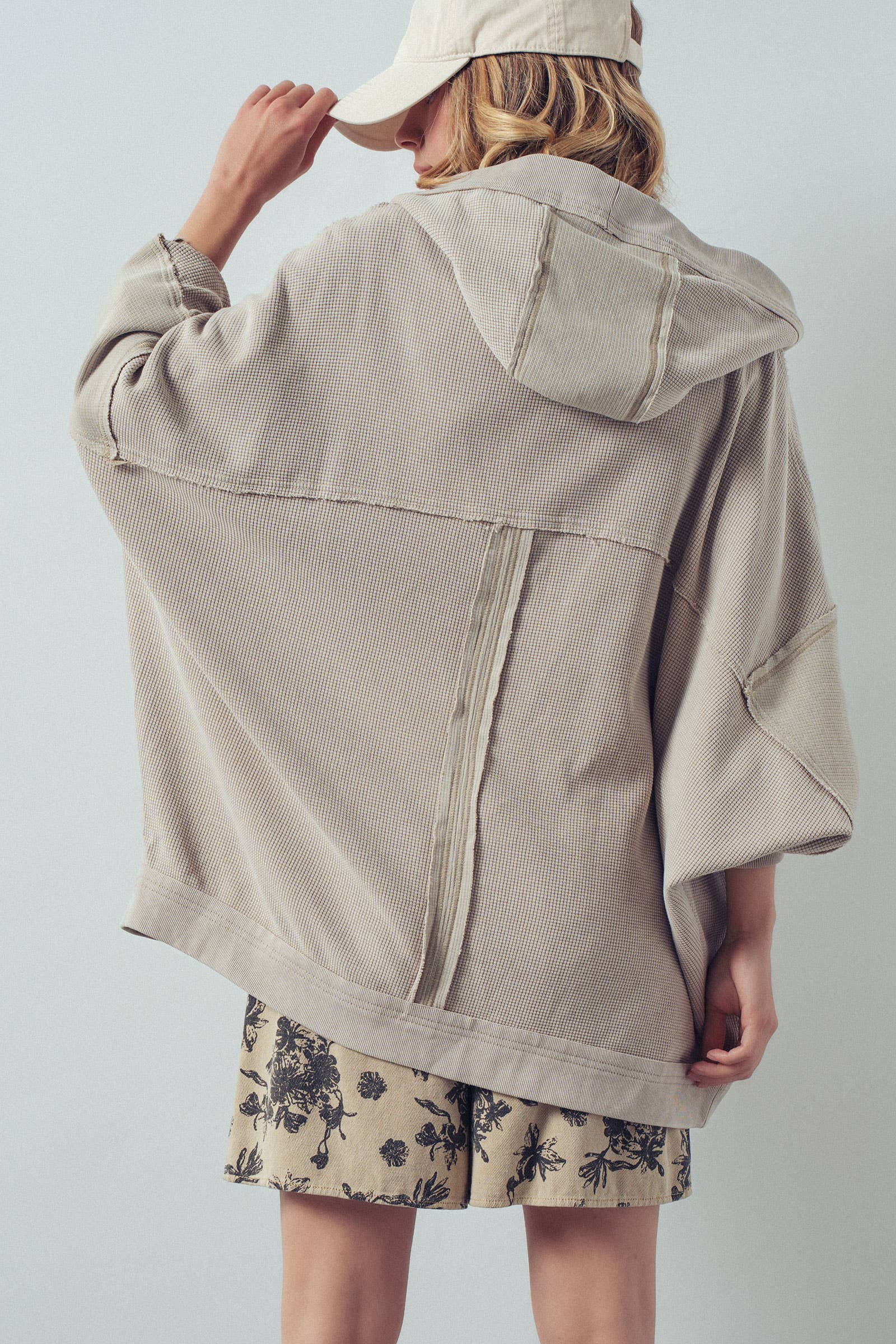 Washed Waffle Knit Hooded Cardigan