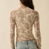 Floral-Print Mesh Mock-Neck Raglan Top