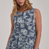 SLEEVELESS DENIM MINI DRESS WITH SCALLOPED EMBROIDERY DETAIL
