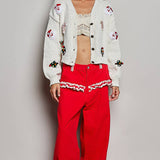 Holiday Applique Button Front Cropped Knit Cardigan Sweater