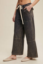 Wide-Leg Denim Drawstring Pants