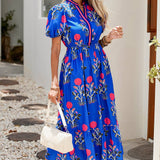 Floral Puff Sleeve V Neck Maxi Dress