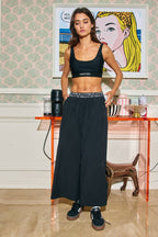 Letter Elastic Waist Wide Leg Nylon Pants