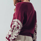 Embroidered Sleeve Ivory Knit Sweater