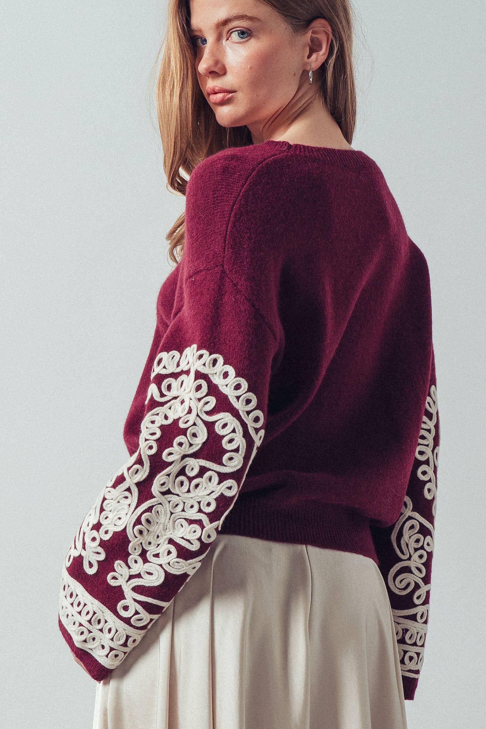 Embroidered Sleeve Ivory Knit Sweater