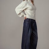 Pleated Wide-Leg Denim Pants
