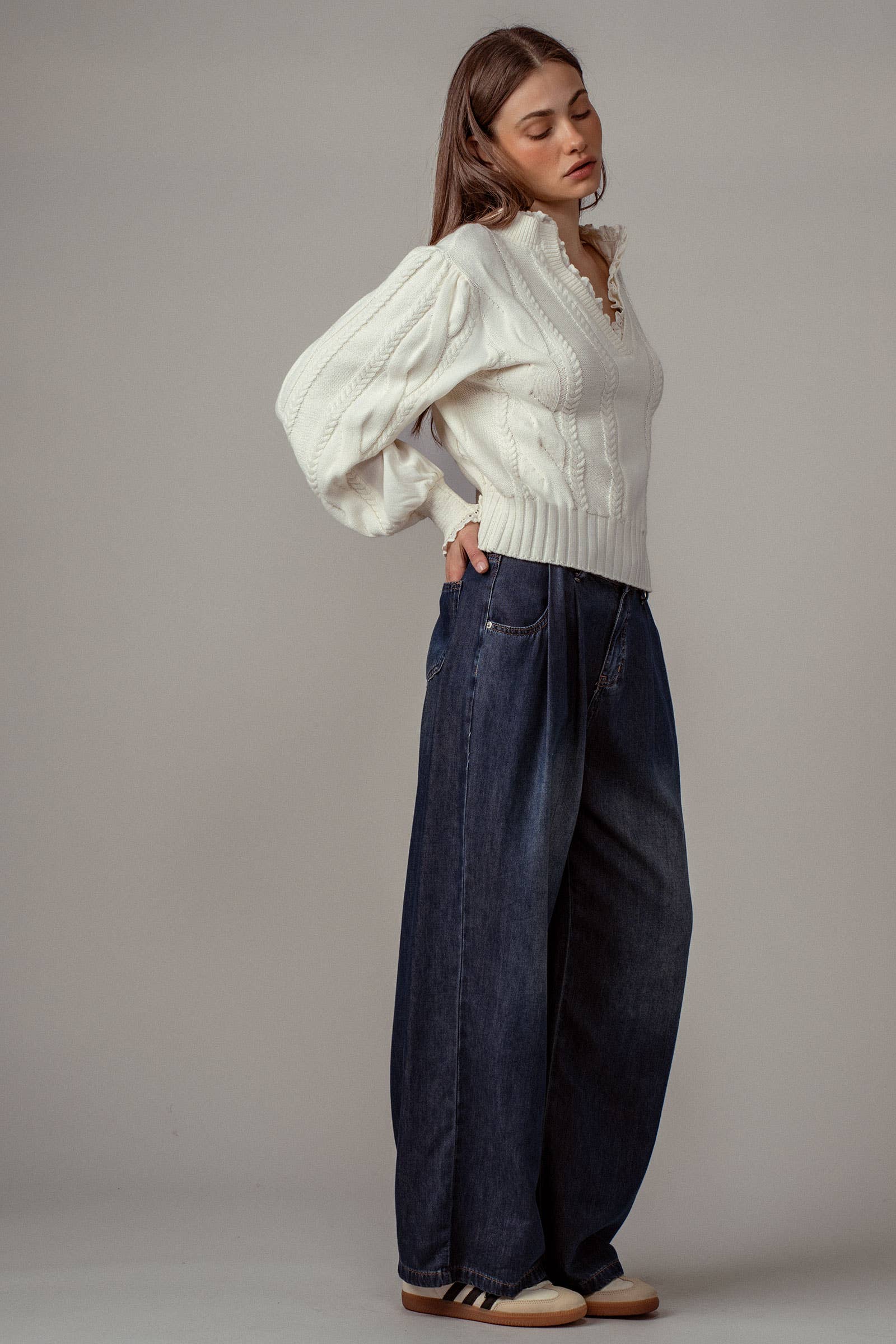 Pleated Wide-Leg Denim Pants