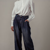 Pleated Wide-Leg Denim Pants