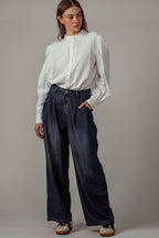 Pleated Wide-Leg Denim Pants