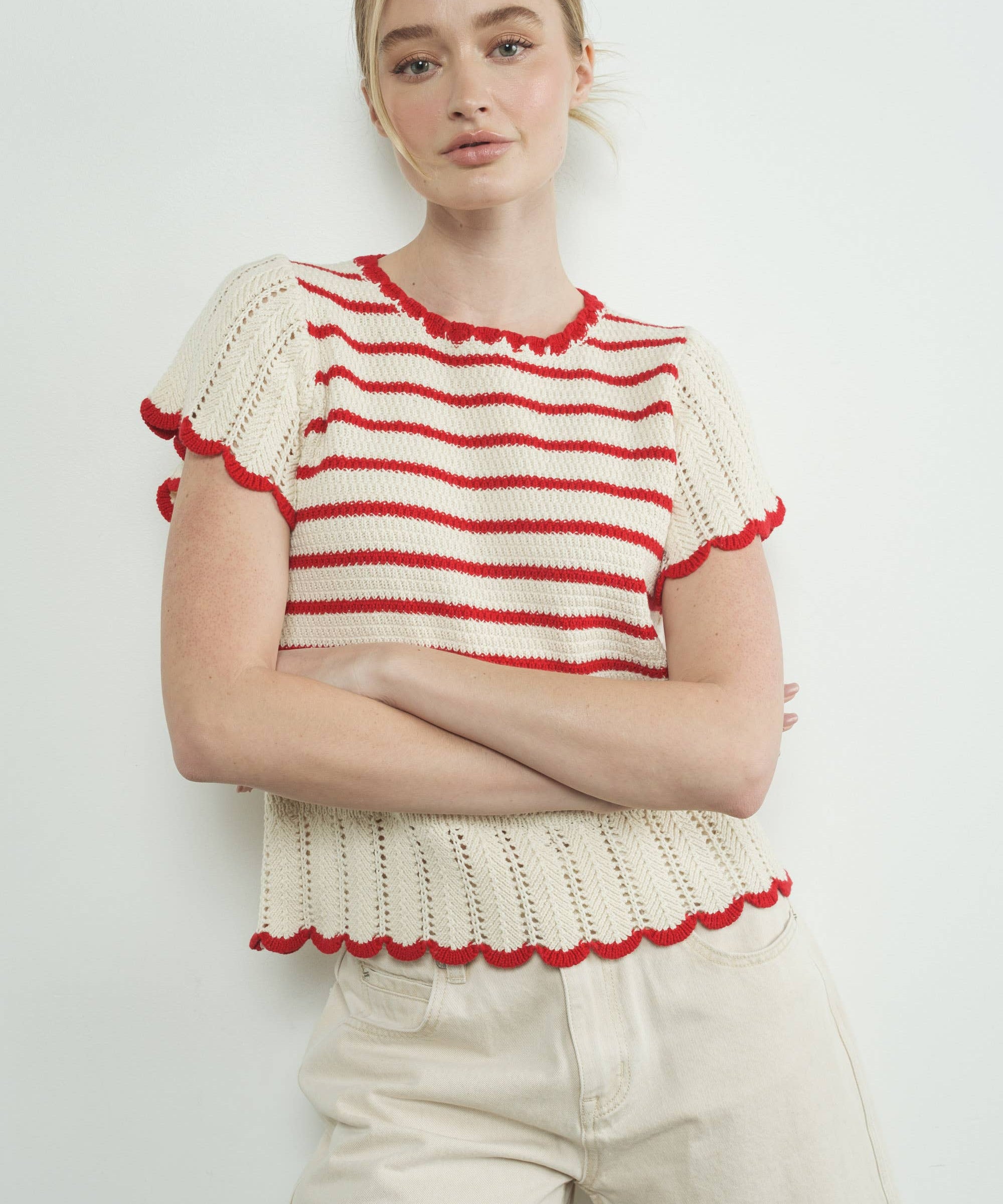 MAS3129 STRIPED CROCHET S/S SWEATER