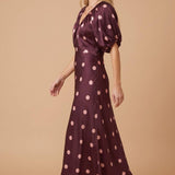 SATIN POLKA-DOT V NECK MAXI DRESS