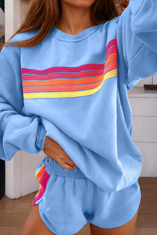 Color Contrast Trim Long Sleeve Top and Shorts Set