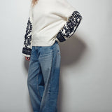 Embroidered Sleeve Ivory Knit Sweater