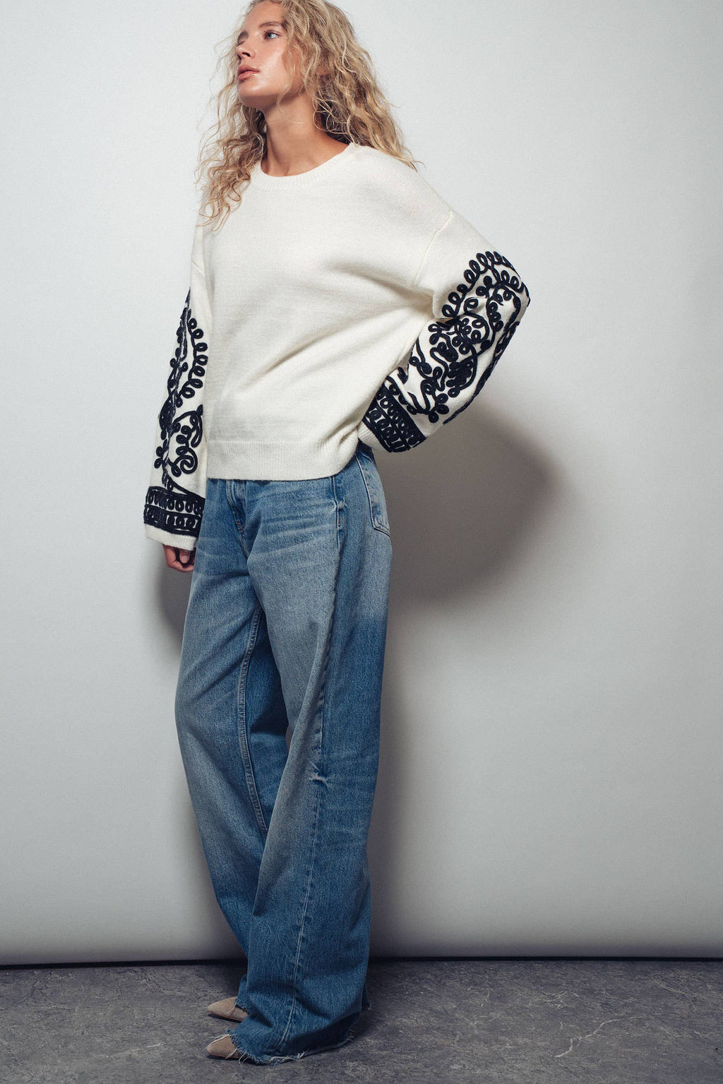 Embroidered Sleeve Ivory Knit Sweater