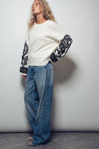 Embroidered Sleeve Ivory Knit Sweater